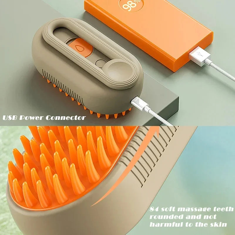 3 in 1 Pet Steam Brush One Touch Spray Pet Hair Removal Tool 360° Rotating Handle Silicone Multifunctional Massage Comb