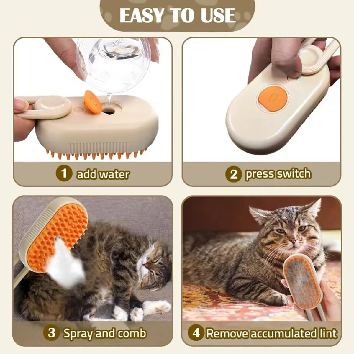 3 in 1 Pet Steam Brush One Touch Spray Pet Hair Removal Tool 360° Rotating Handle Silicone Multifunctional Massage Comb