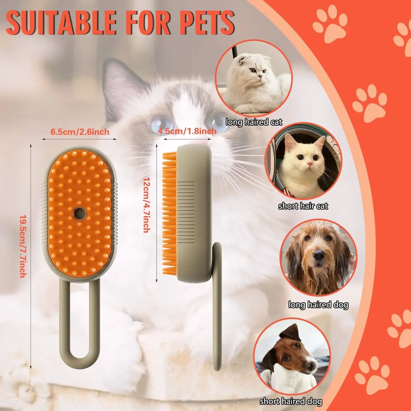 3 in 1 Pet Steam Brush One Touch Spray Pet Hair Removal Tool 360° Rotating Handle Silicone Multifunctional Massage Comb